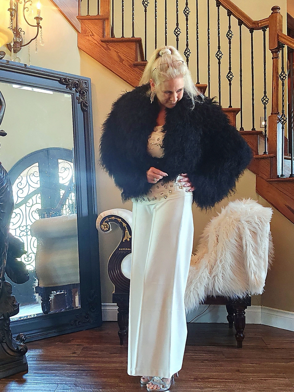 Black Cropped Mongolian Fur Coat NWT